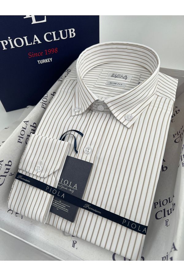 Piola Club-Ανδρικό πουκάμισο σε μπεζ ριγέ Slim Fit 1