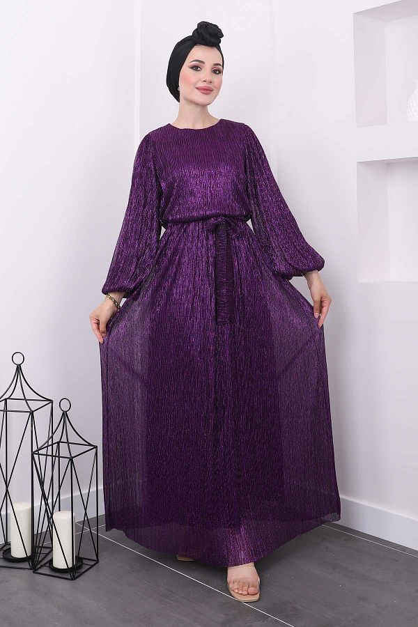 İmajButik-فستان سهرة أرجواني بأكمام بالون وحزام 1