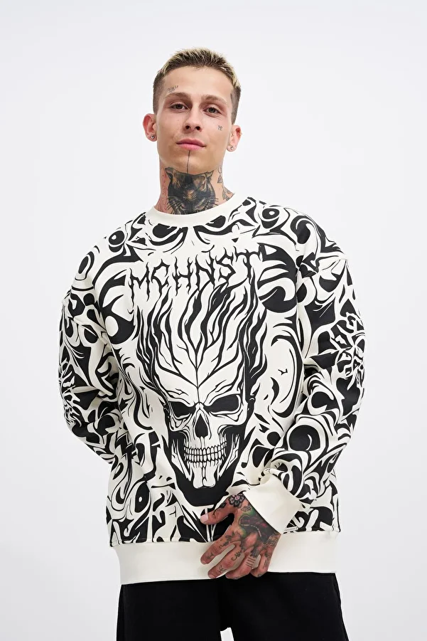 Machinist-Men's Skull Printed Oversize Ecru Sweatshirt 1