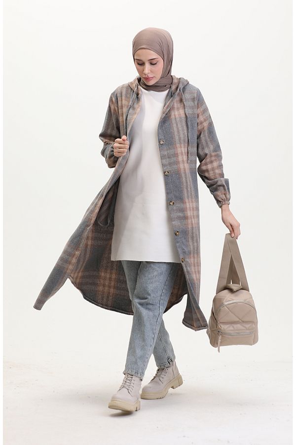 sefamerve-Mink Lumberjack Fabric - Hooded and Buttoned, 0534-01 Model 1