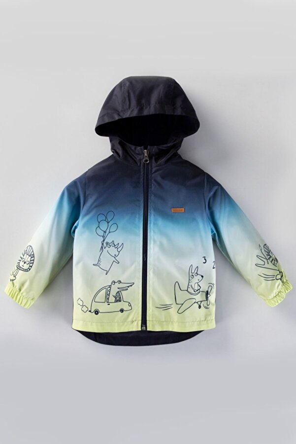 MDM Dinazor Figürlü Kapşonlu Fermuarlı Pamuklu Astarlı Cepli Kız Erkek Bebek Yağmurluk Mont Tulum Çocuk