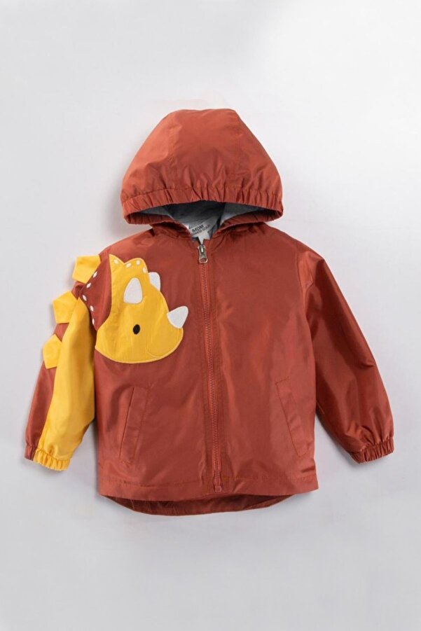 MDM Dinazor Figürlü Fermuarlı Pamuklu Astarlı Kapşonlu Cepli Kız Erkek Bebek Yağmurluk Mont Tulum Çocuk