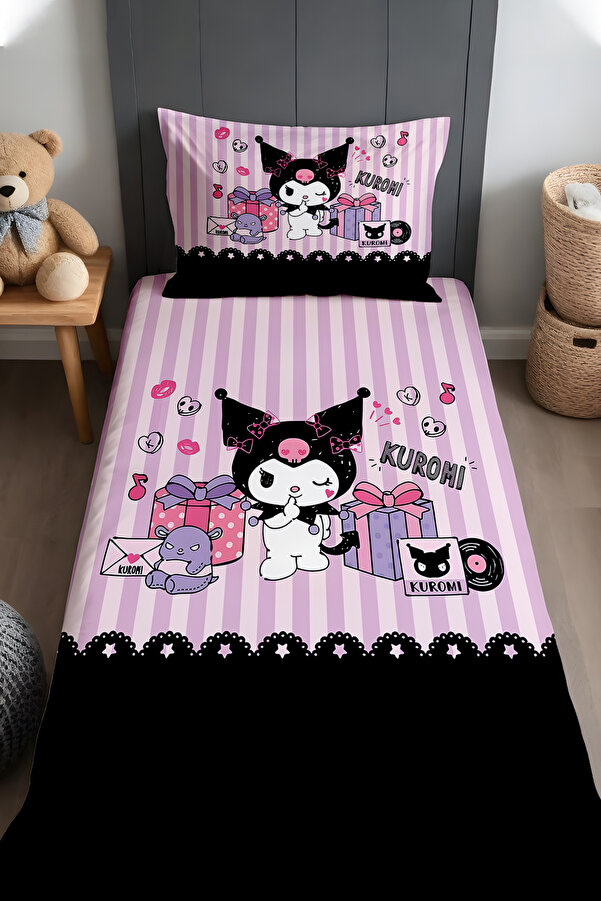 Evpanya Lila Şeritli Partici Kuromi Desenli Yatak Örtüsü ve Yastık Kılıfı