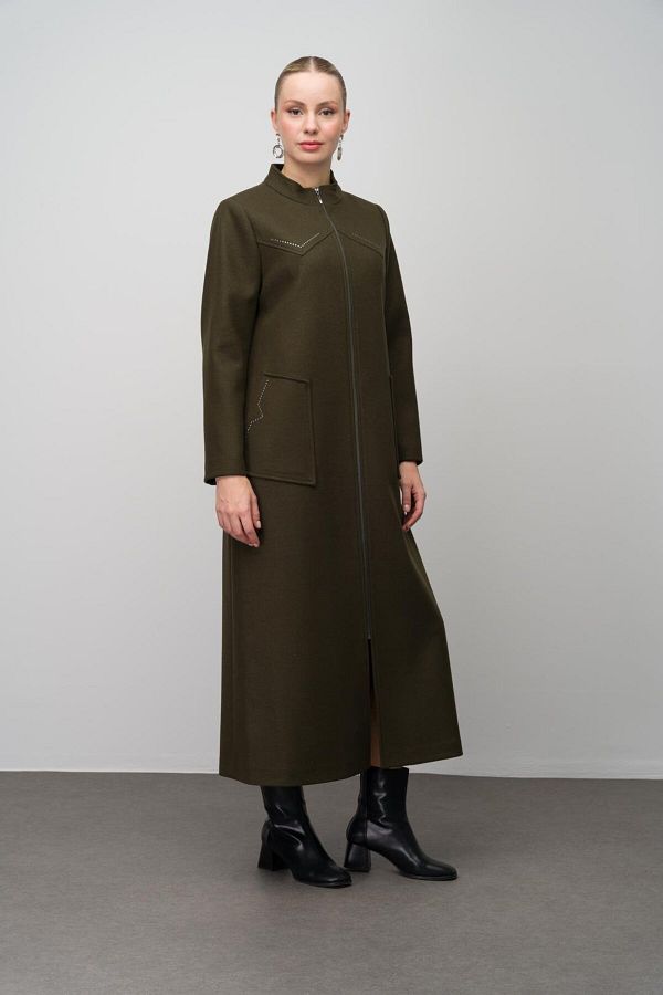Olcay-Kamienna szczegółowa duża czapka z mieszanki wełny długa khaki 6634 1