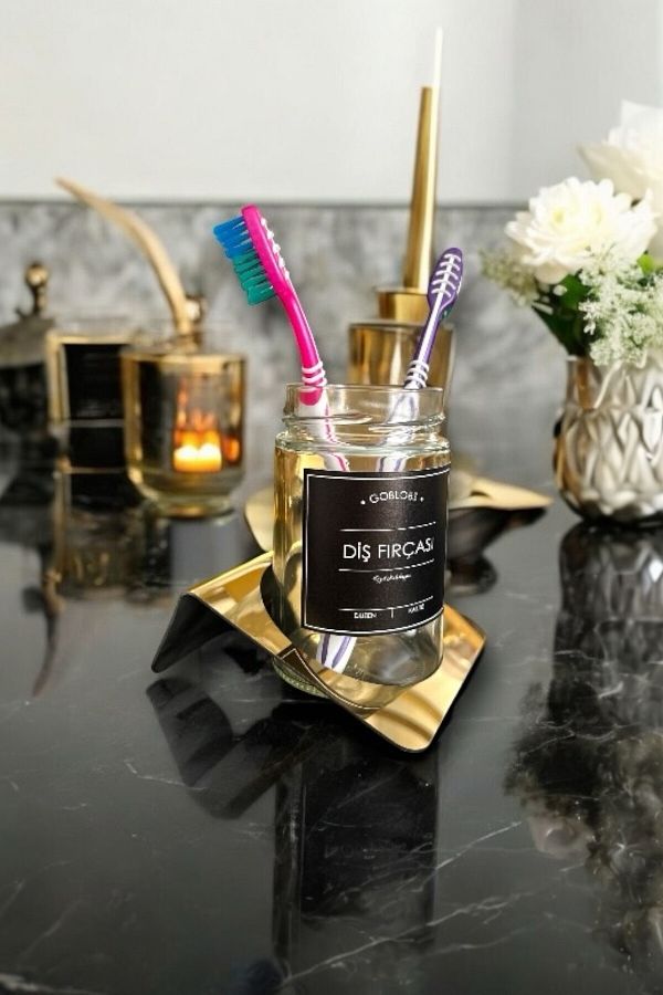 GO BLOBS-Stainless Steel Gold Stand Toothbrush Holder with Black Label 1