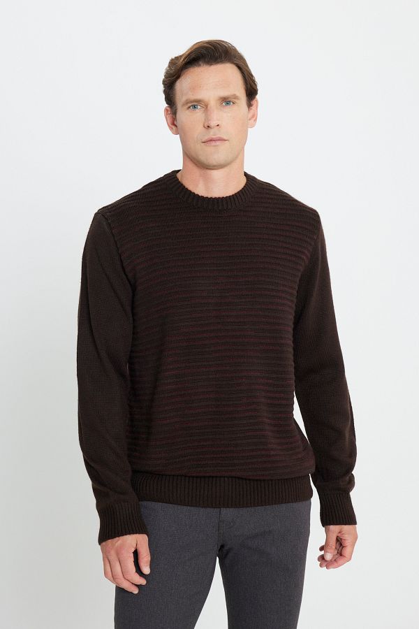 ALTINYILDIZ CLASSICS-Men's Crew Neck Patterned Knitwear Sweater - Brown-claret Red, Standard Fit 1