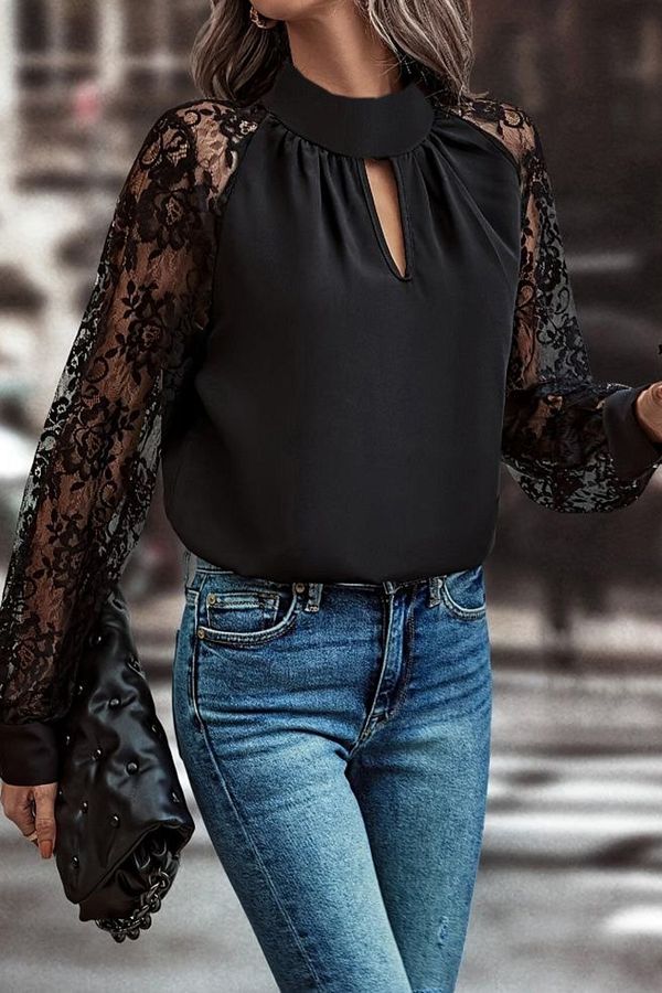 Trendyol Collection-Bluză neagră cu mâneci din dantelă TPRAW25BZ00051 1
