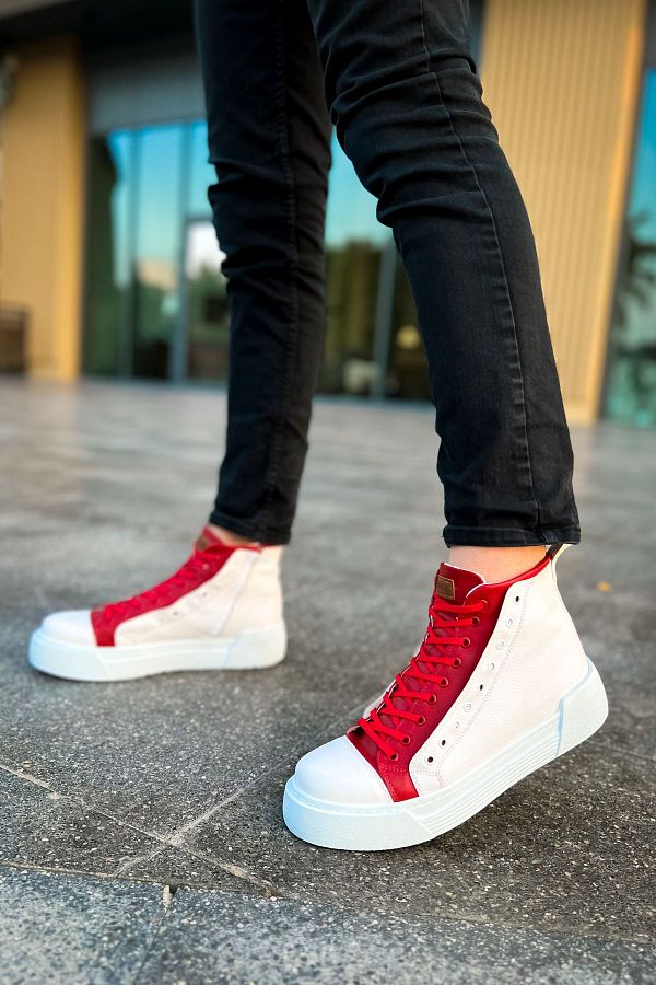 Joy Man-J167 Blazer ανδρικές αθλητικές μπότες - Casual δέρμα, ορθοπεδική σόλα, κορδόνια και φερμουάρ, λευκό/κόκκινο CBT 1