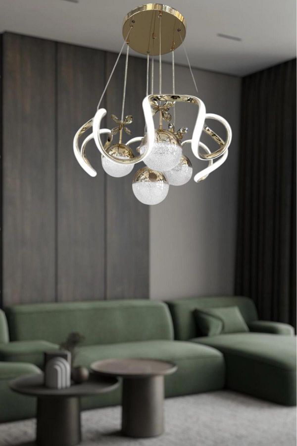 LİGHT HOUSE-Arya Modern Led Chandelier with 4 Ball Stones and 3 Color Lights 1