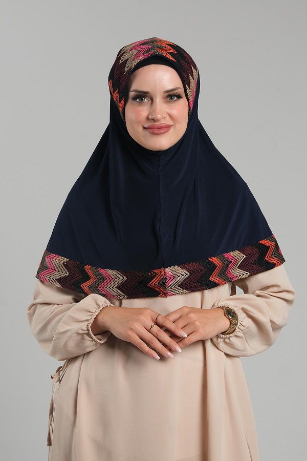 HÜRREM BONE-Practical Navy Blue Hijab Scarf - Ready-Made Snap-On, Colorful Patterned Mesh 2401_02 1