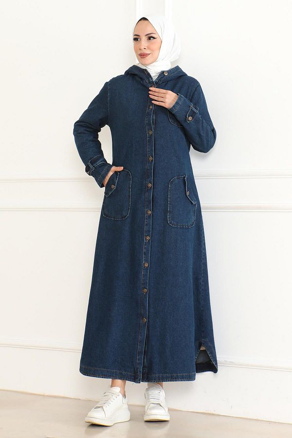 Modamihram-Dark Blue Hooded Denim Coat - 19230 1