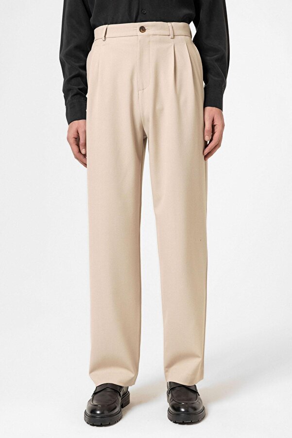 Antioch Beige High Waist Pleated Comfortable Fit Men's Trousers