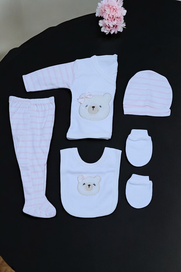Lui Baby Ayıcıklı Süzene Nakışlı % 100 Pamuk Yenidoğan Kıyafetleri 5'li Hastane Çıkışı Seti