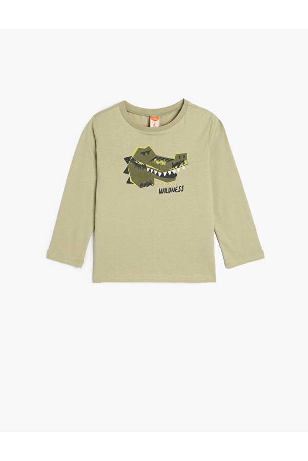 Koton Tişört Timsah Baskılı Uzun Kollu Bisiklet Yaka Pamuklu