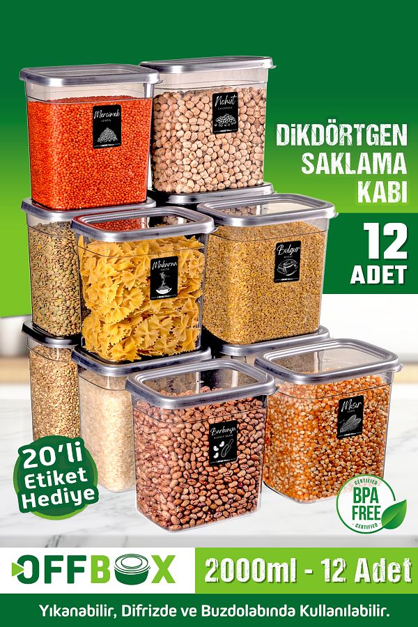 OFFBOX-12 Pieces 24 Pieces 2 Liter Rectangular Food Pulses Spice Storage Container Set with 20 Labels as a Gift 1