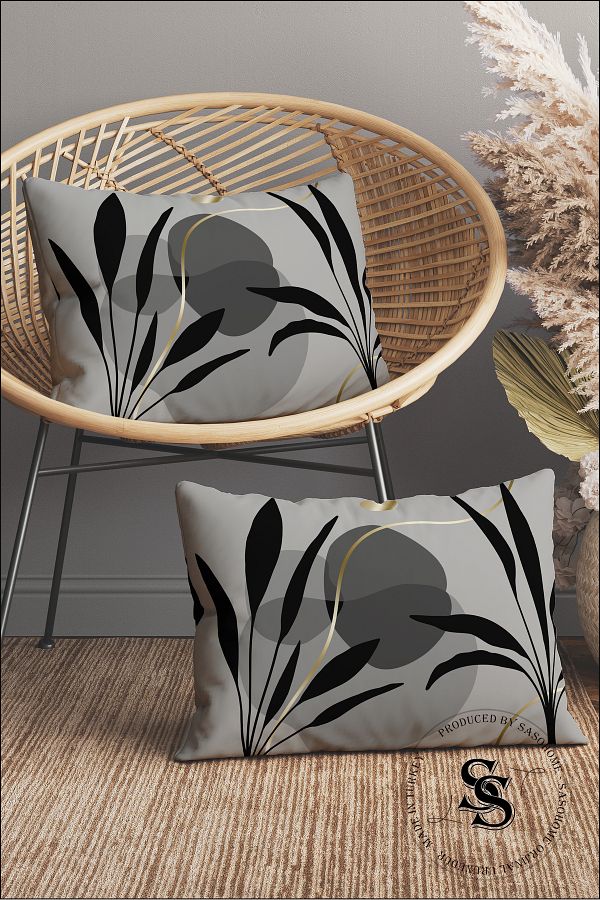 SasoHome-Set of 2 Rectangular Throw Pillow Covers with Black Leaves Pattern on Gray Background 1