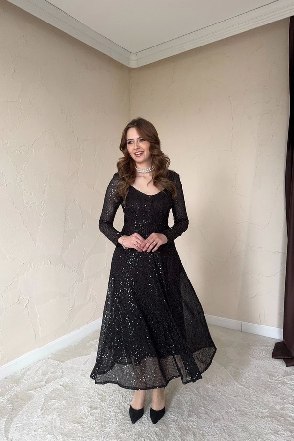 HELİS BUTİK Parla Black Sequin Shimmer Midi Length Dress