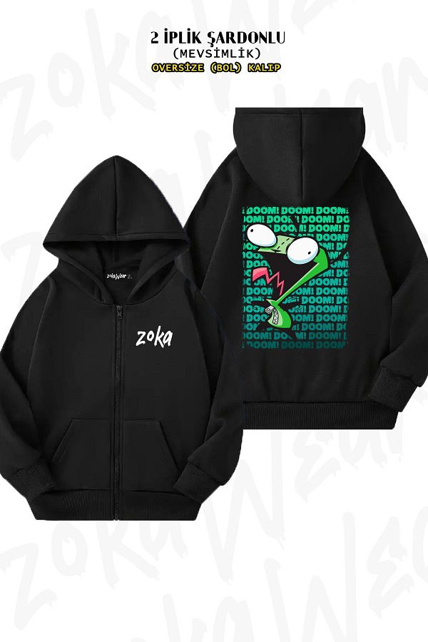 ZOKAWEAR-Invader Zim Black Oversize Cardigan - Impending Doom Back Print, Zip-Up Hoodie (2 Thread) 1