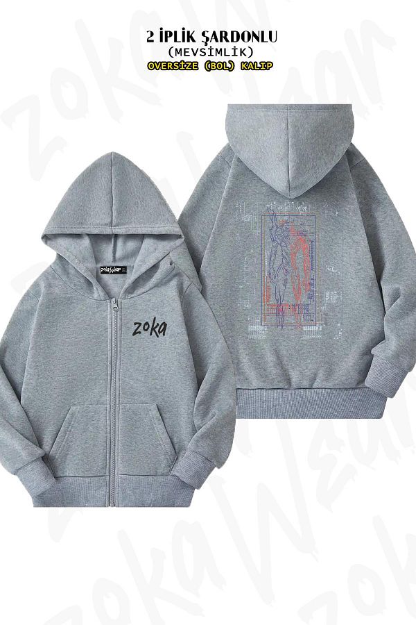 ZOKAWEAR-Genesis Evangelion Anime Print - Oversize Hooded Gray Cardigan with Back Print, Zip-Up, 2 Thread 1