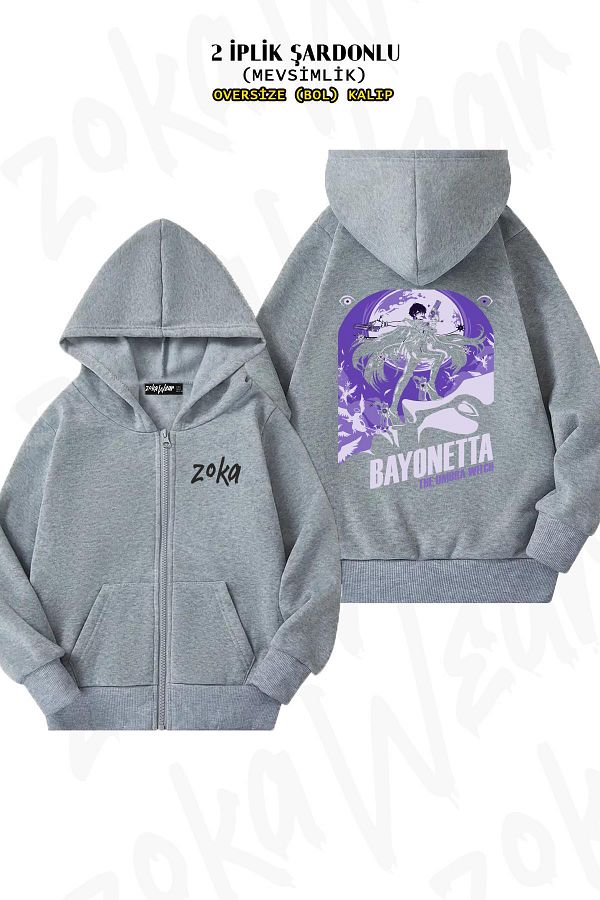ZOKAWEAR-Bayonetta Pattern - Gray Oversize Cardigan with Zipper and Hood (2 Thread) 1