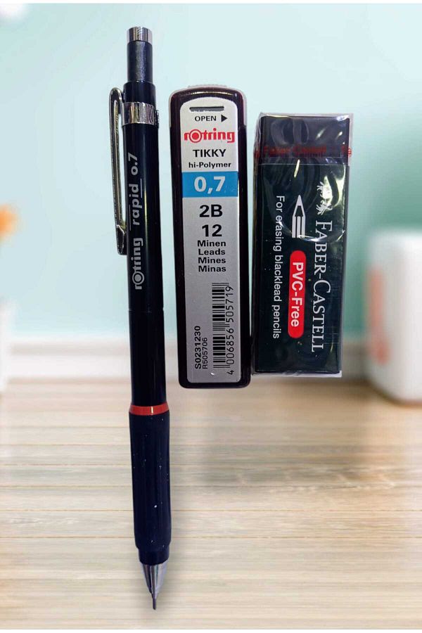 izmir yazici servis-School Set 3 Lü Set Rotring Rapid 0,7 Pencil Rotring 0.7 Nib Black Eraser 1