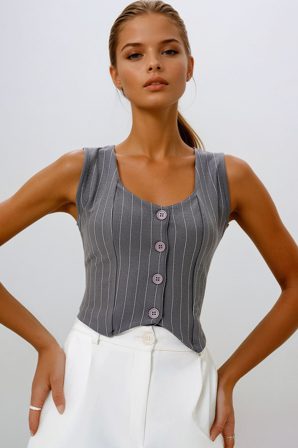 VAGGON-Women's Gray Heart Collar Buttoned Striped Vest Prm1229 1