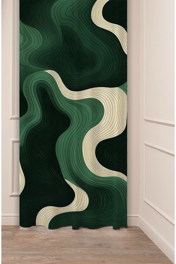 GREENDECOR-Wave Pattern Digital Printed Background Curtain (Single Wing) Green Emerald Beige Curtain with Colorful Modern Design 1