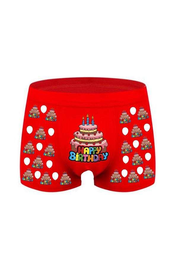 HediyeMania-Men's Boxers - Happy Birthday Printed, Espira, High Quality Cotton Underwear, Red 1