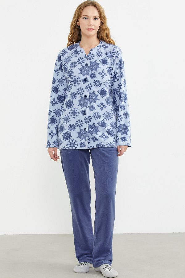 Sementa-Blue Fleece Pajamas Set - Patterned and Front Button 1