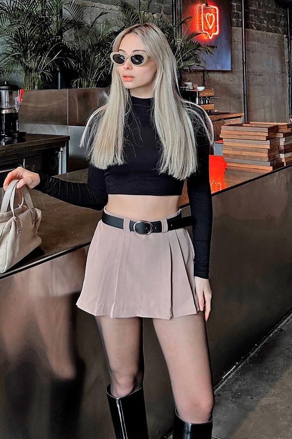 Swist-Mink Belted Pleated Women's Mini Skirt with Shorts 1