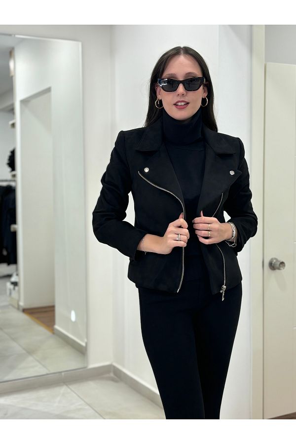 AYHAN-Double Breasted Collar Lined Zippered Short Suede Jacket with Buttons on the Collar and Belt 1