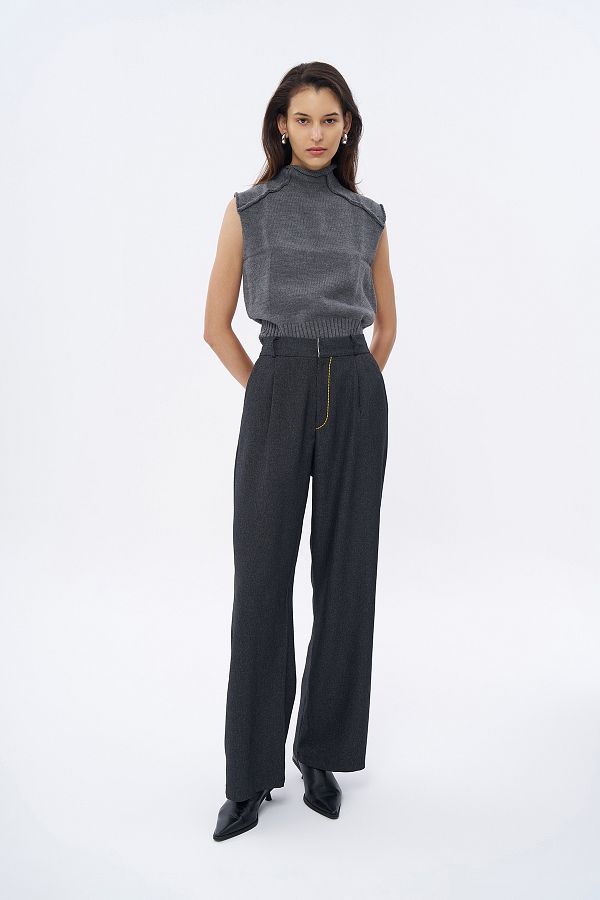 Quzu-Anthracite Colored High Waist Stitching Detailed Trousers 1