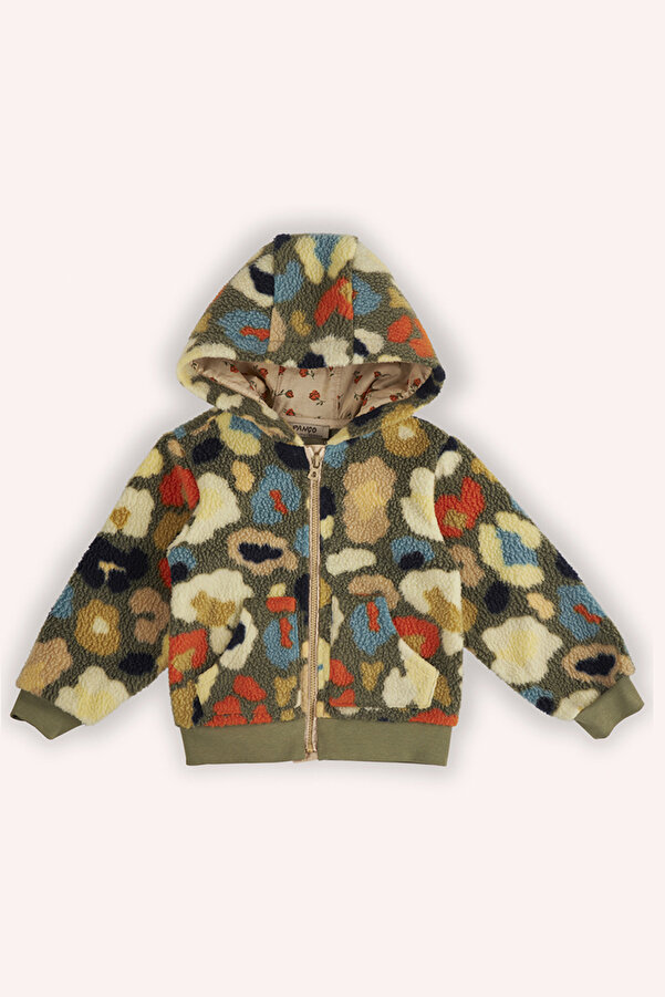 Panço Kız Bebek Desenli Fermuarlı Pelüş Yeşil Ceket