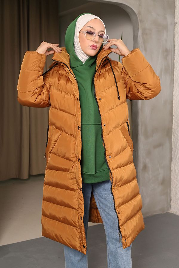 majButik Tan Hooded Puffer Jacket Trendyol