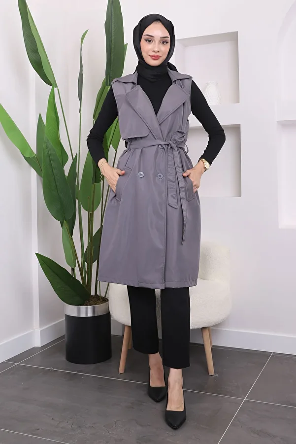 İmajButik-سترة رمادية بحزام الخصر وأكتاف كتاف 1