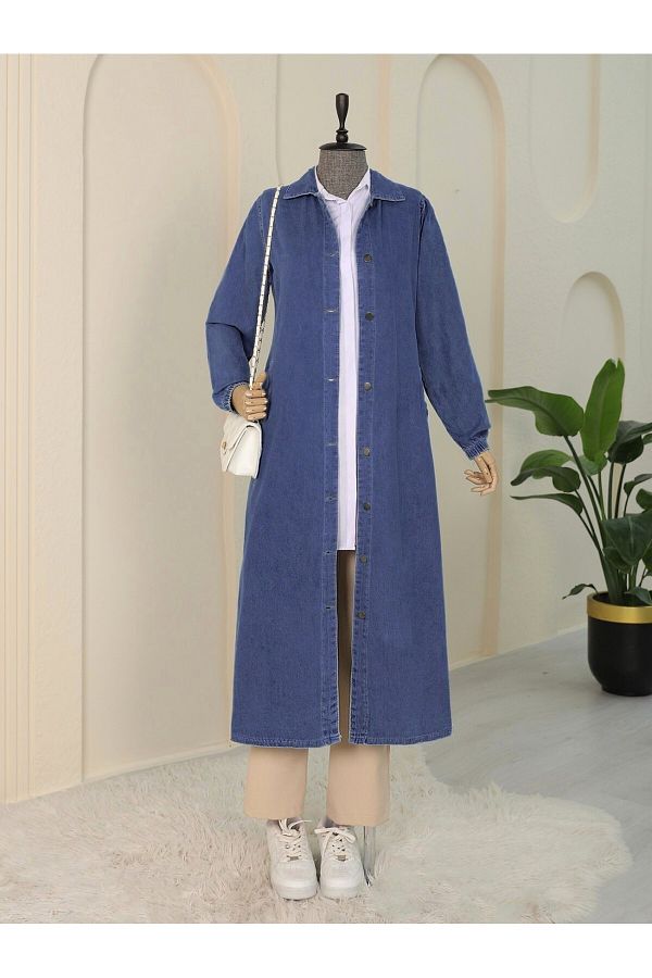 Modamorfo-Buttoned Denim Cap with Elastic Sleeves -Saks 1