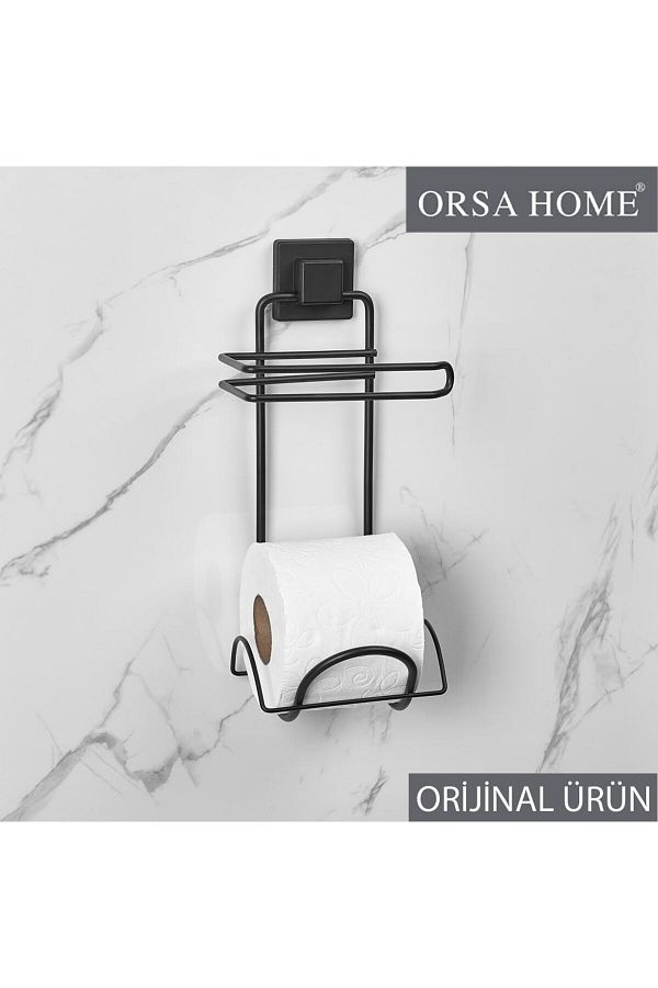 ORSA HOME-917 Square Pattern - Paste Adhesive Black Wc Paper Holder 1
