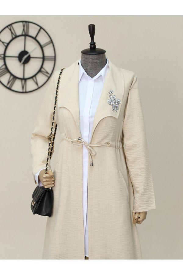 Modamorfo-Beige Linen Cap - Stone Embroidered and Drawstring Waist 1