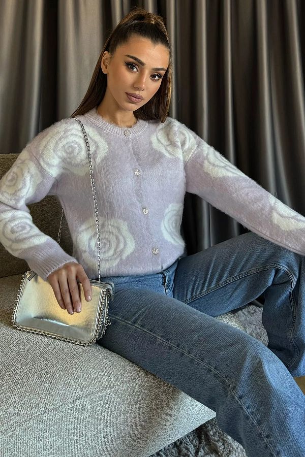 GÜLSELİ-Cardigan de tricotaj cu nasturi cu model trandafiri liliac 1