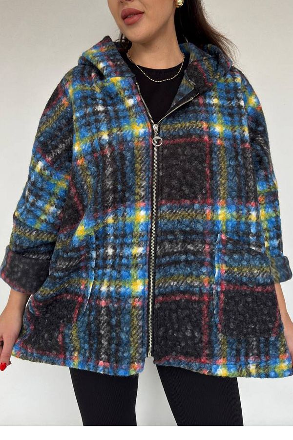AYASOFYA OTANTIK-Italian Blue Plaid - Oversize Women's Boucle Coat with Hooded Zipper 1