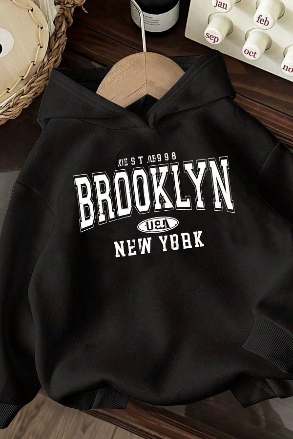 Know-Unisex Μαύρο Oversize Brooklyn Usa New York Φούτερ με κουκούλα με κουκούλα 1