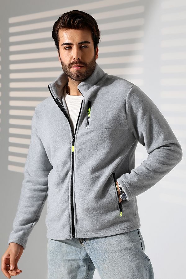 TİJA-Men's Zippered Pocket, Anthrast Melange Fleece Cardigan, Jacket, Anti Pilling, Anti Pilling Fleece 1
