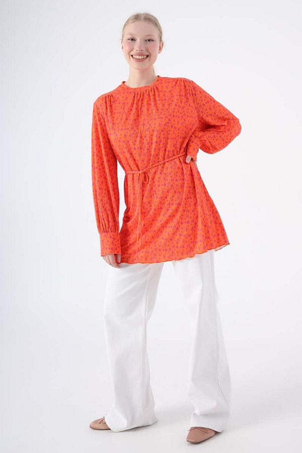 ALLDAY-Orange-Fuchsia-Patterned Comfortable Pleated Tunic with Piping Belt 1