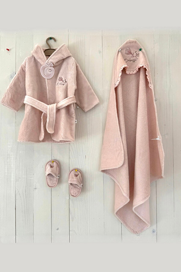 Cherub Baby Tulips Çiçek Nakışlı Organik Yenidoğan Kız Bebek Havlu Bornoz Seti Organik - Bebek Doğum Hediyesi