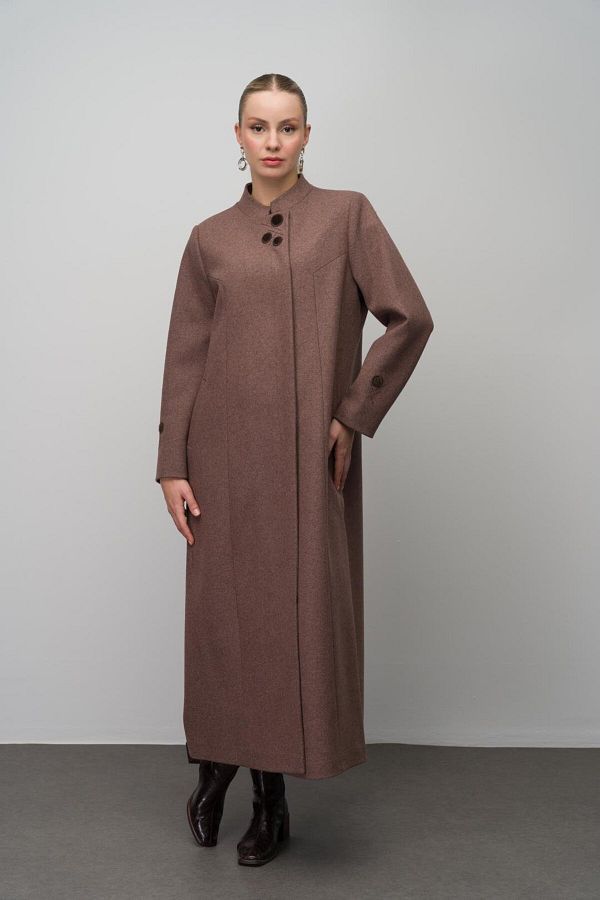 Olcay-Wool Blended Top Coat with Large Size Prevailing Collar and Embroidery Detail - Melange Brown 6632 1