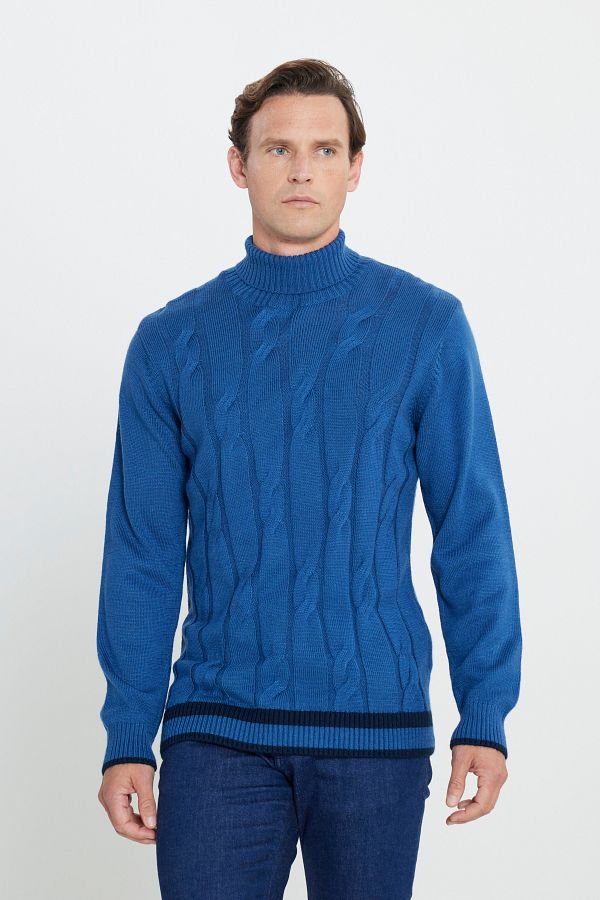 AC&Co / Altınyıldız Classics-Herren-Strickpullover in Fliegerblau mit Standard-Passform und normalem Schnitt und durchgehendem Rollkragen aus Jacquard 1