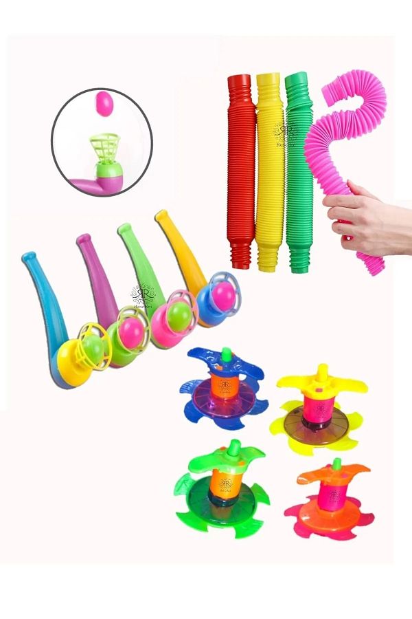 Hyd-Toy Set of 3 Ball Blowing Wind-Up Spinning Tops and Pop Tubes 1