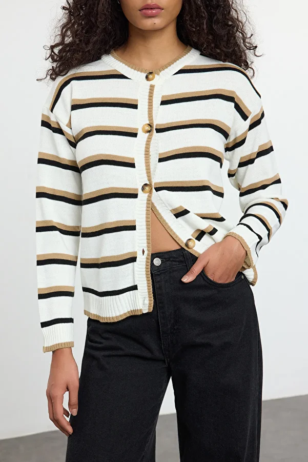 Edit by Trendyol-Ecru Crew Neck Knitwear Cardigan - Color Block, Tedaw25Hi00022 1