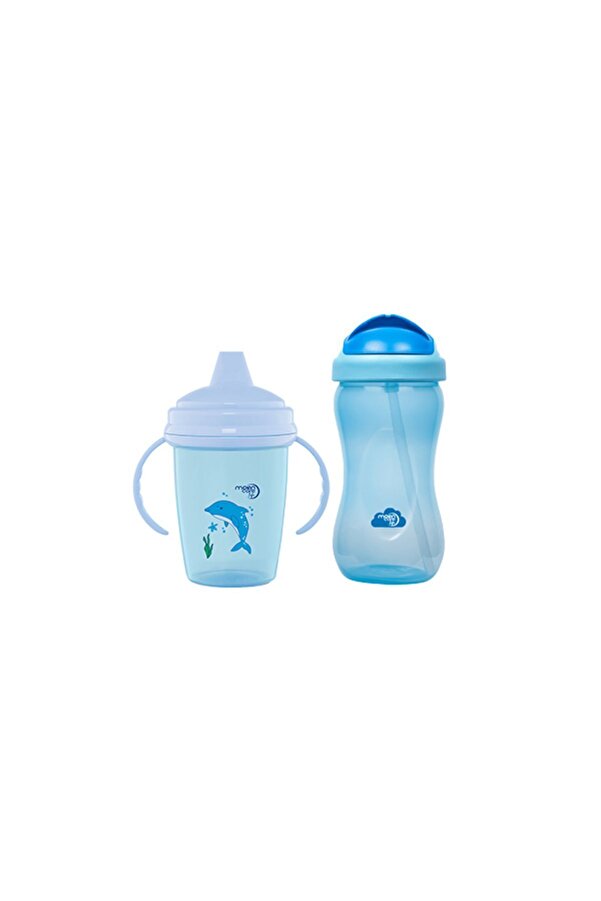 MOONCARE Life Enjoy Akıtmaz Alıştırma Bardağı 240 ml & Renkli Pipetli Bardak 350 ml (MAVİ)