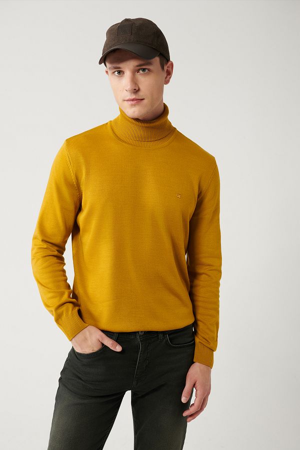 Avva-Męski sweter z golfem w kolorze musztardowym, niemechacący się E 005002 1